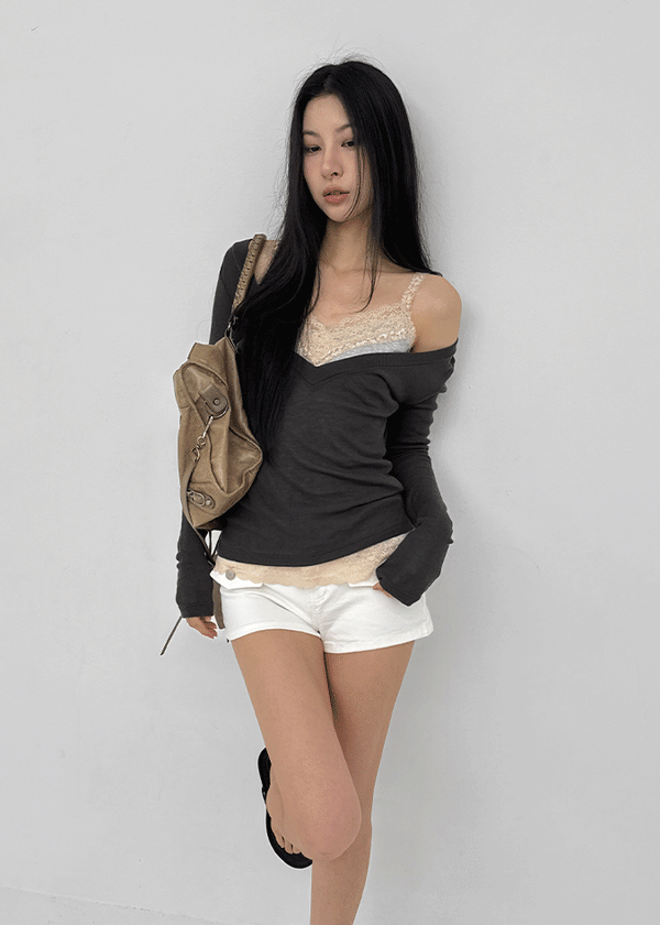Kommel Deep V-Neck Tencel Long Sleeve Tee