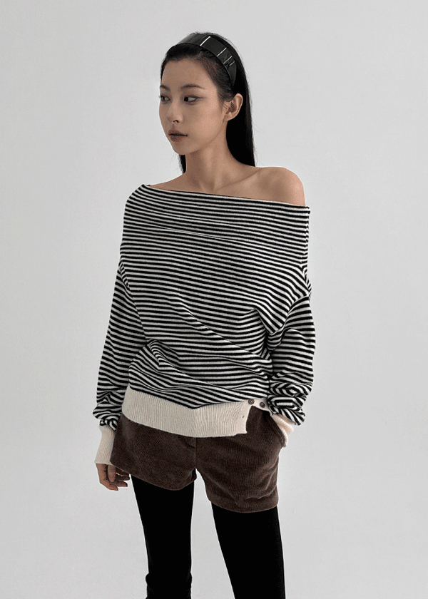 Velocque Stripe Off-Shoulder Knitwear