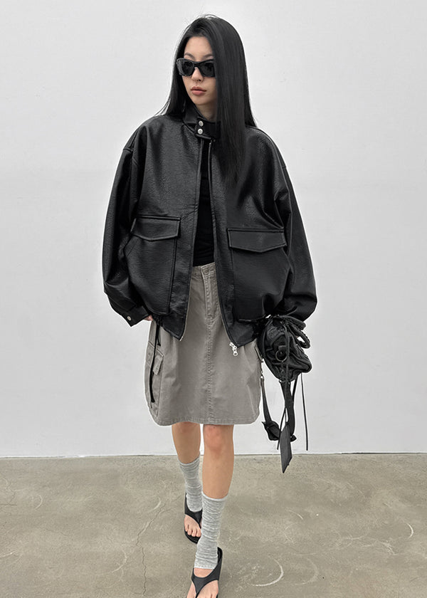 Conton High-neck Pocket Leather Jumper