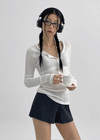 Menang Summer Tension Sheer Henley Neck Long Sleeve Tee