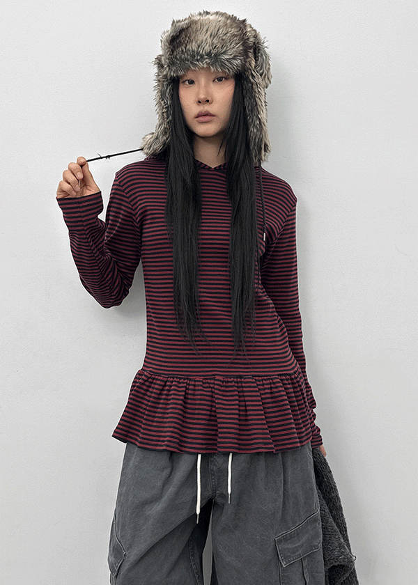 Tolsha Stripe Frill Hooded Long Sleeve T-shirt