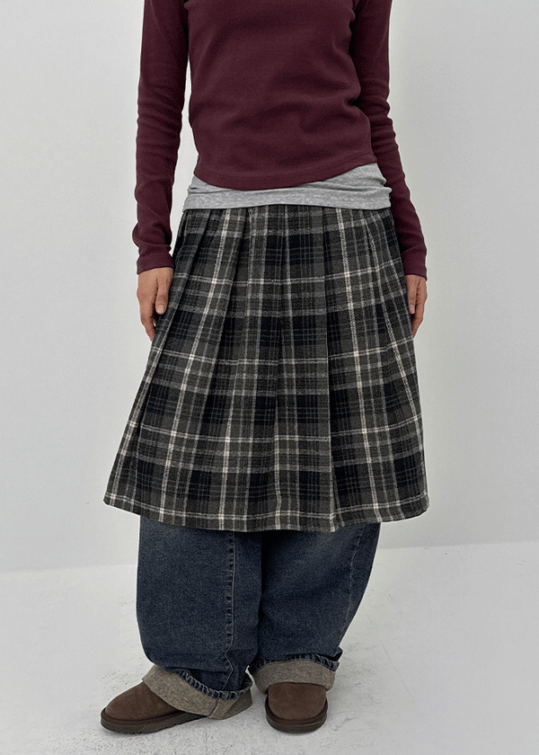 Nushin Outer Fleece Banding Pleated Check Midi Skirt