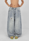 Tallbin Damaged Elastic Waist Wide Denim Pants