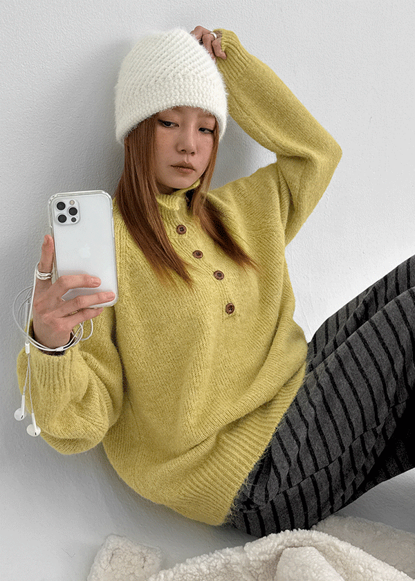 Paruding Button Wool High Neck Knit