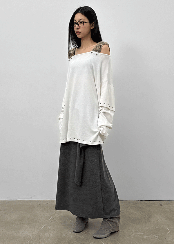 Denel Angora Off-shoulder Layered Long Sleeve T-shirt