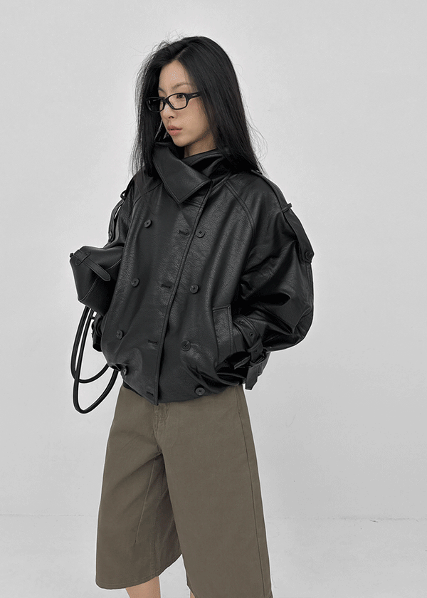 Tung-key high-neck double-button leather jacket