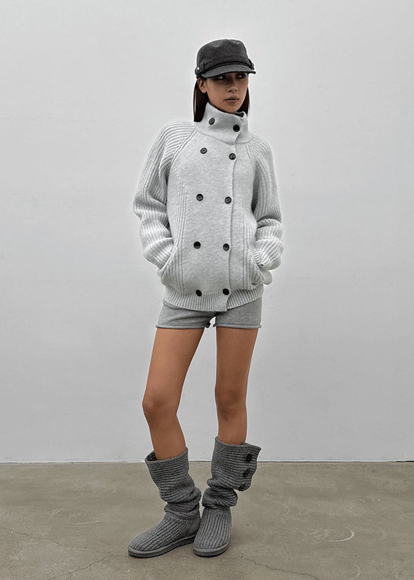 Double-button high-neck wool knit cardigan