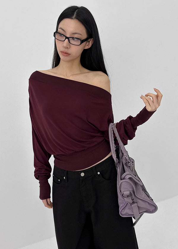 Split Shirring One-shoulder Long-sleeved T-shirt