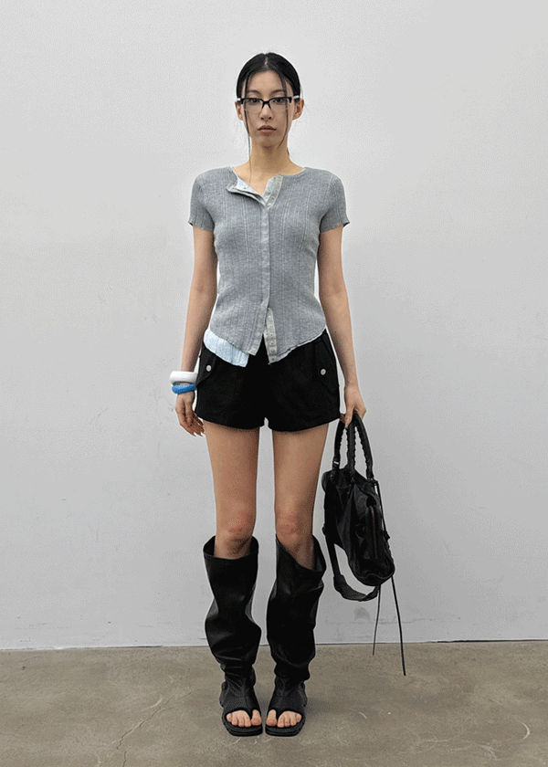 Clven Ribbed Button Short-sleeve Knit Cardigan