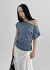 Kumnet Off-Shoulder Striped Shirred Short-Sleeve Tee