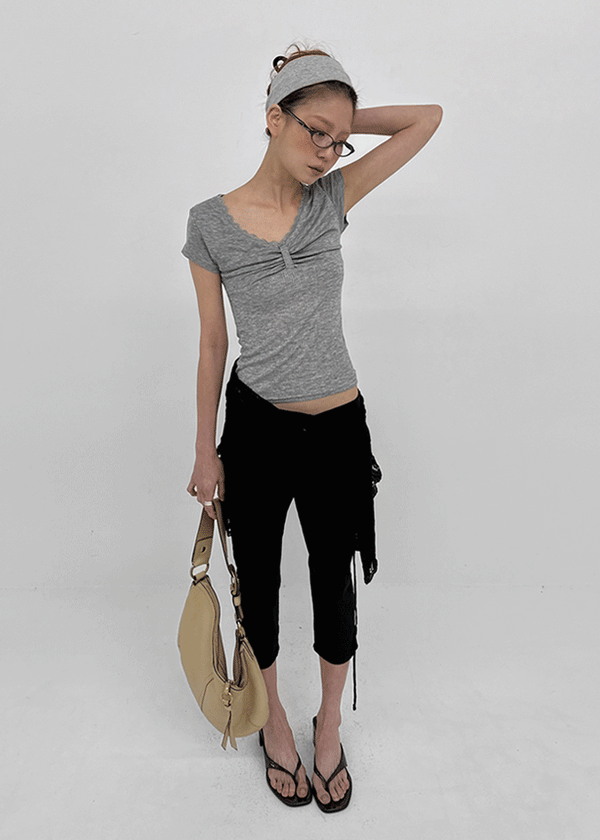 Ramun Summer Tencel Shirred Lace Short Sleeve Tee