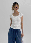 Elu Square Neck Button Short Sleeve Tee