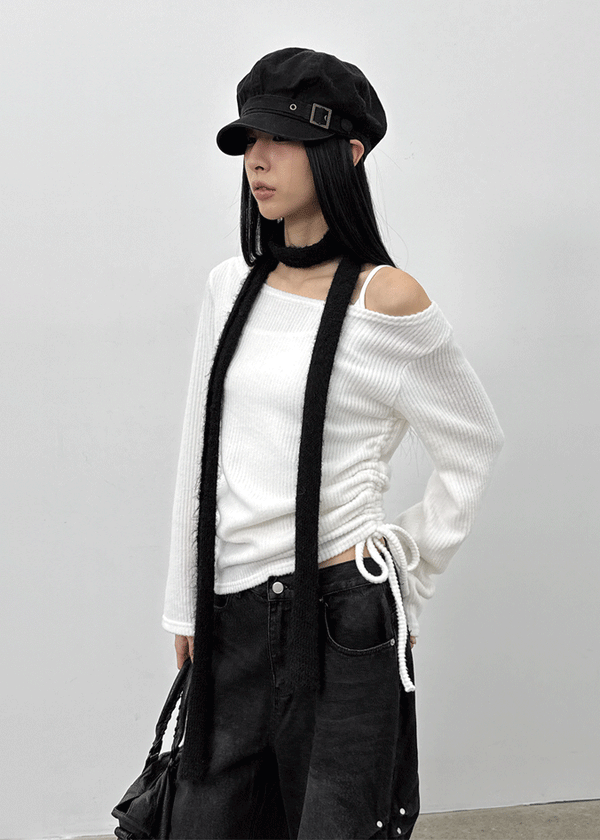 Garment Unbalanced Shirring Fleece Long Sleeve T-shirt