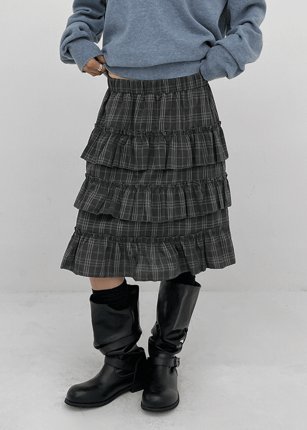 Noere check tiered midi skirt