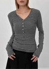 Defro Stripe Button V-Neck Long Sleeve T-Shirt