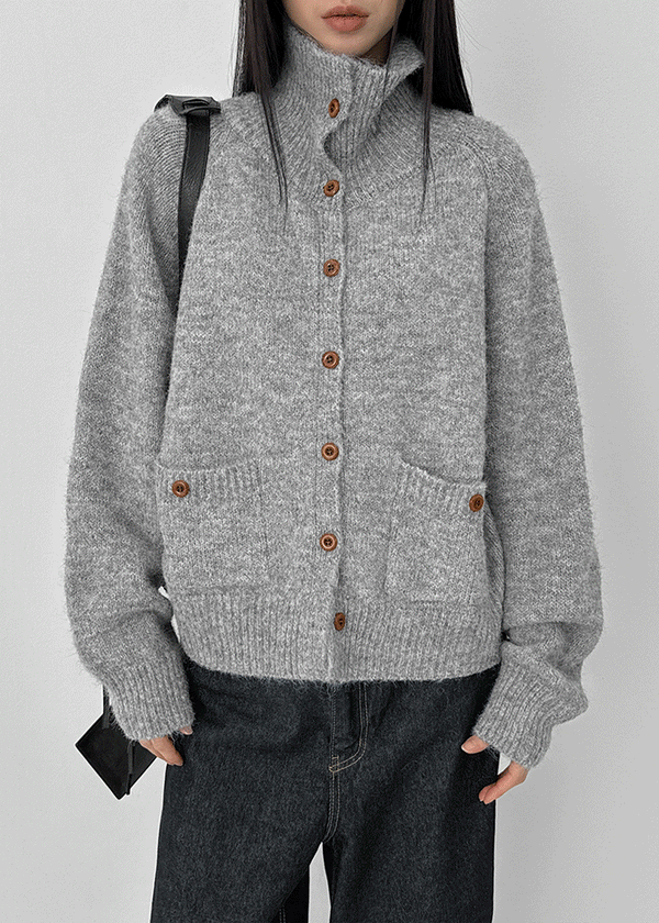 Minoko High-neck Pocket Wool Knit Cardigan
