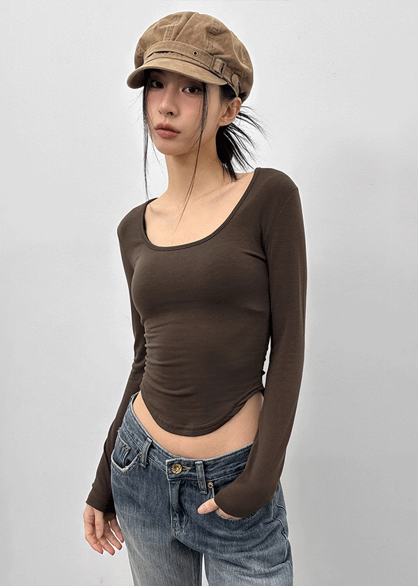 Pelong Square Neck Rounded Fleece Long-sleeved T-shirt