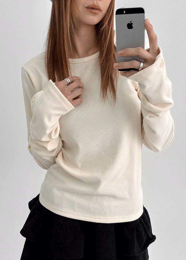 Shedo Fleece Ribbed Button Long Sleeve T-shirt